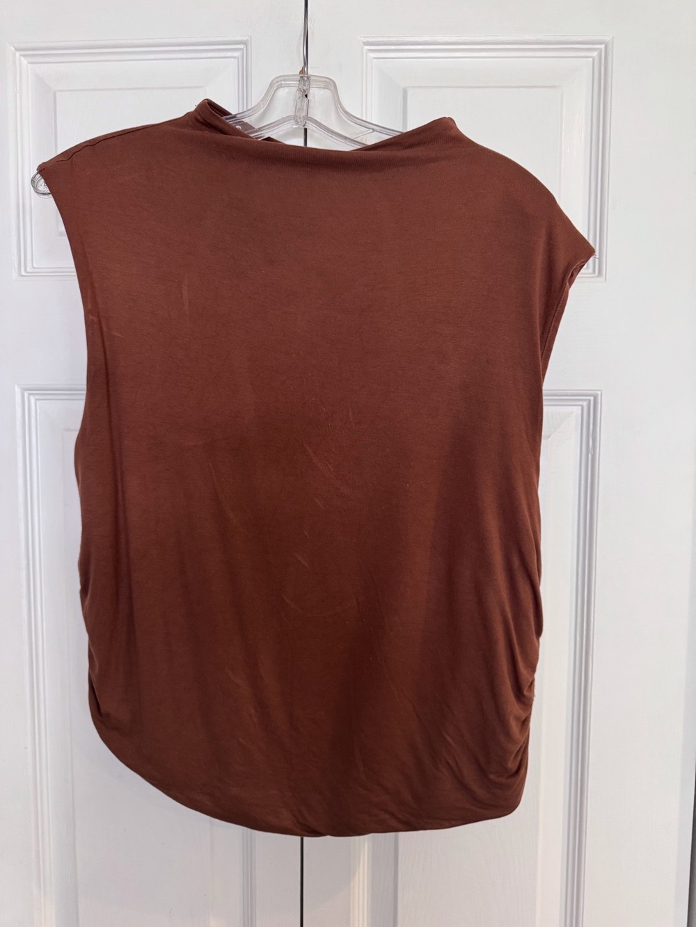 Brown semi-sleeveless top with high neck and ruched sides. Size XL.